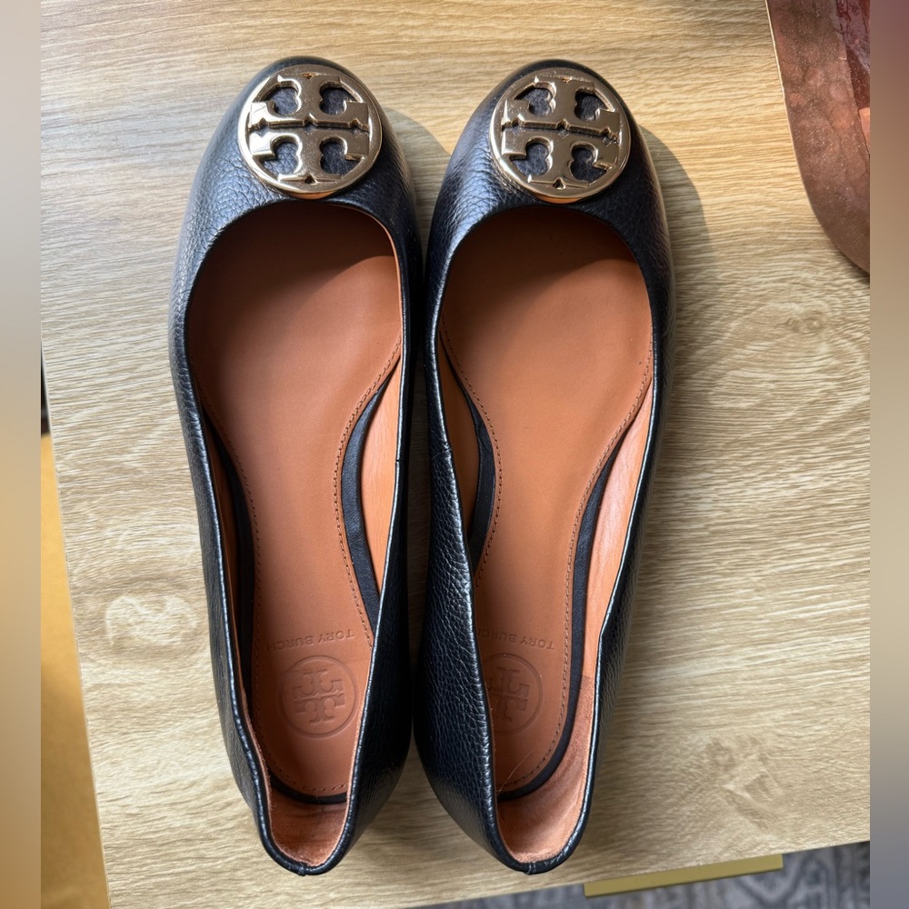 Tory Burch Black Flats with Gold Classic Logo